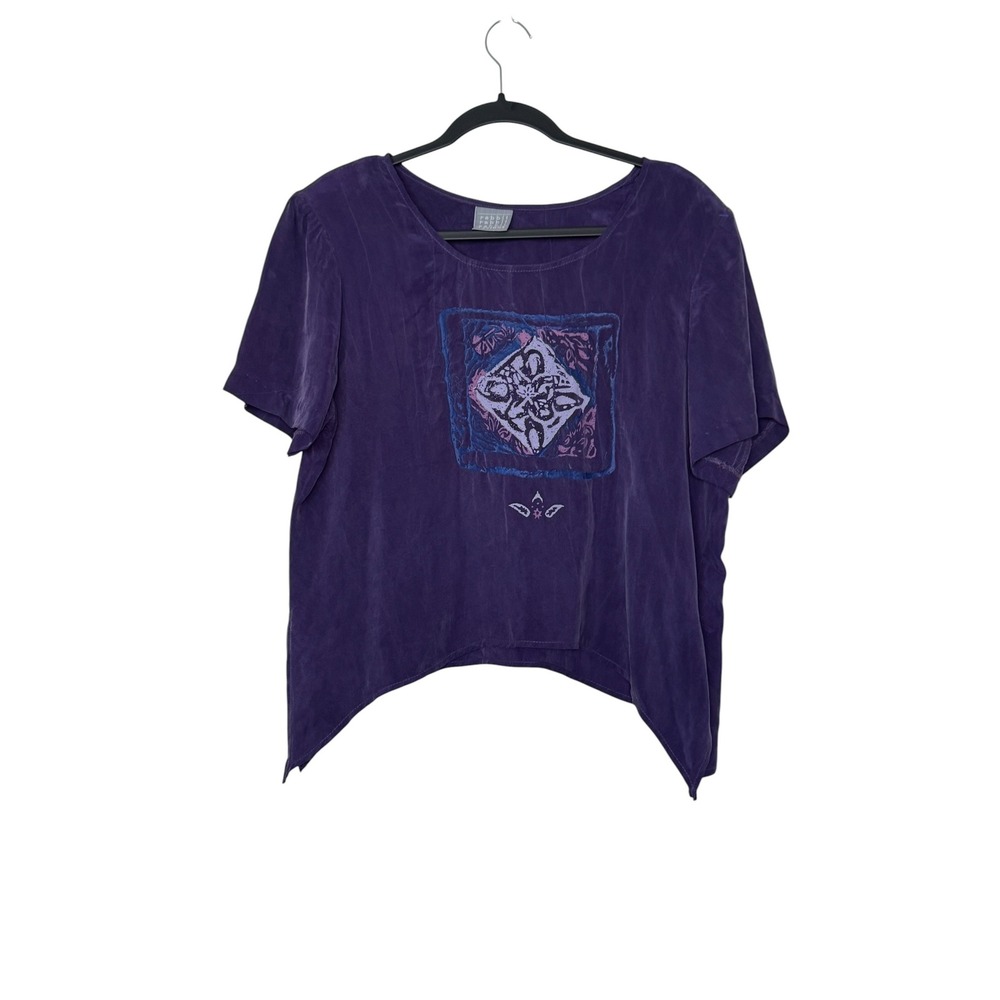 Rabbit Designs Vintage Purple Rayon Handkerchief Hem Graphic Blouse 14P Made USA